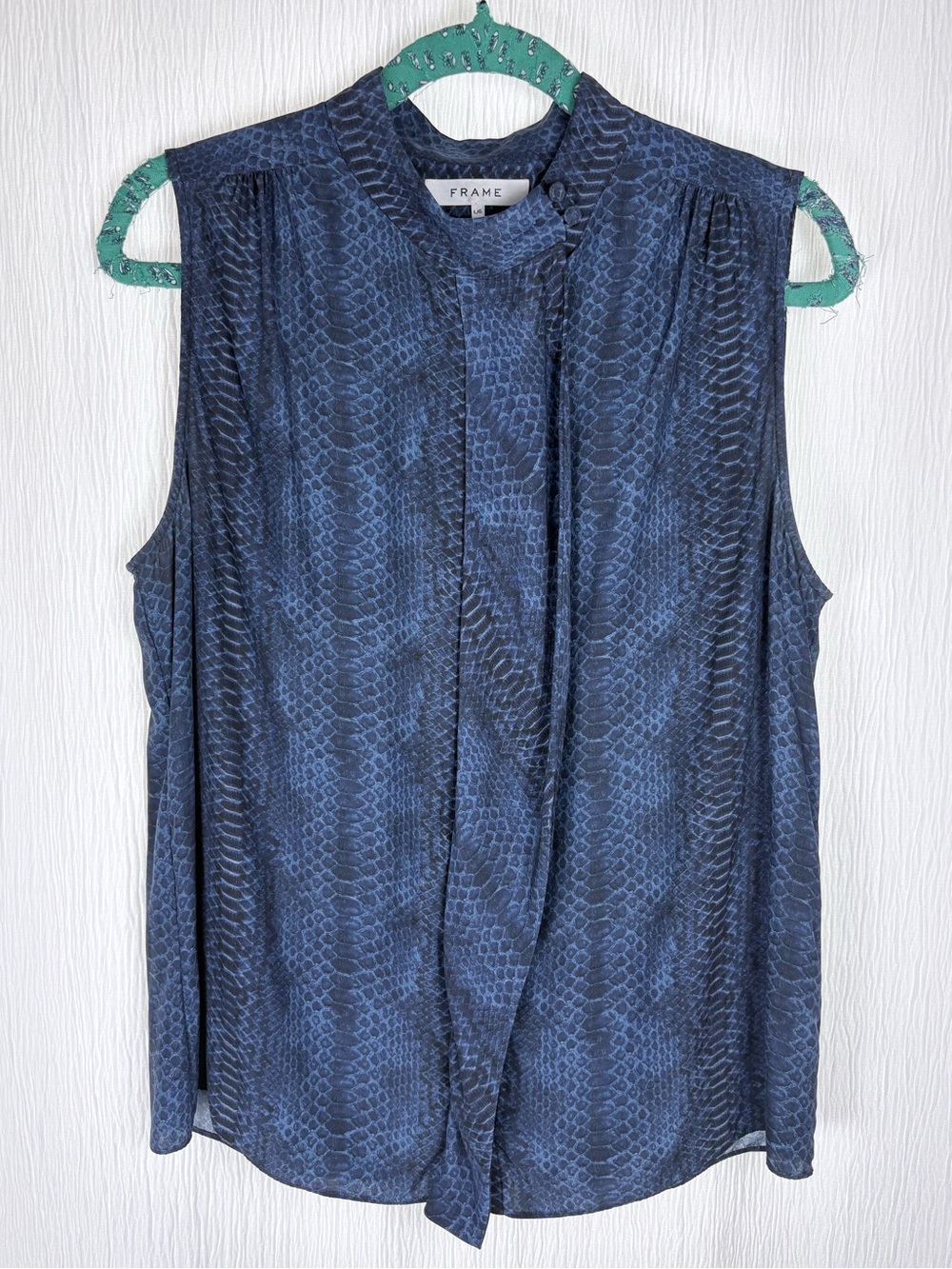 Frame, Silk Animal Print Sleeveless Top, Navy Blue, Size Large